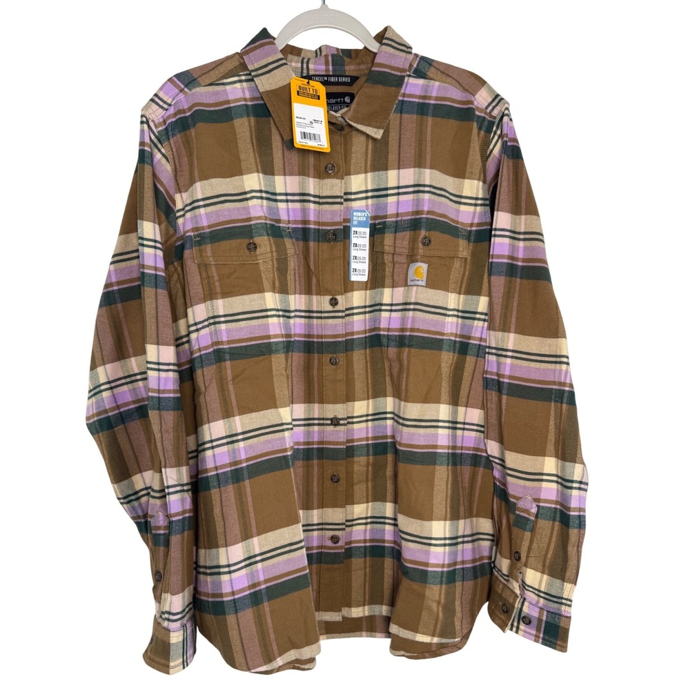 NWT Carhartt Womens 2X Relaxed Fit Tencel Flannel Shirt Plaid Brown Pink Green